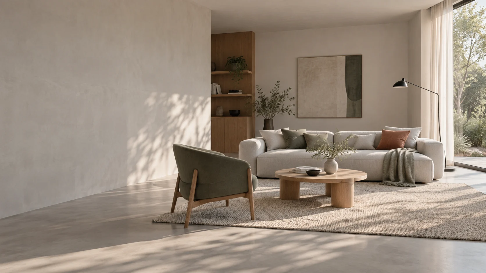 Sunlit living room with an upholstered sofa, green lounge chair and oak coffee table