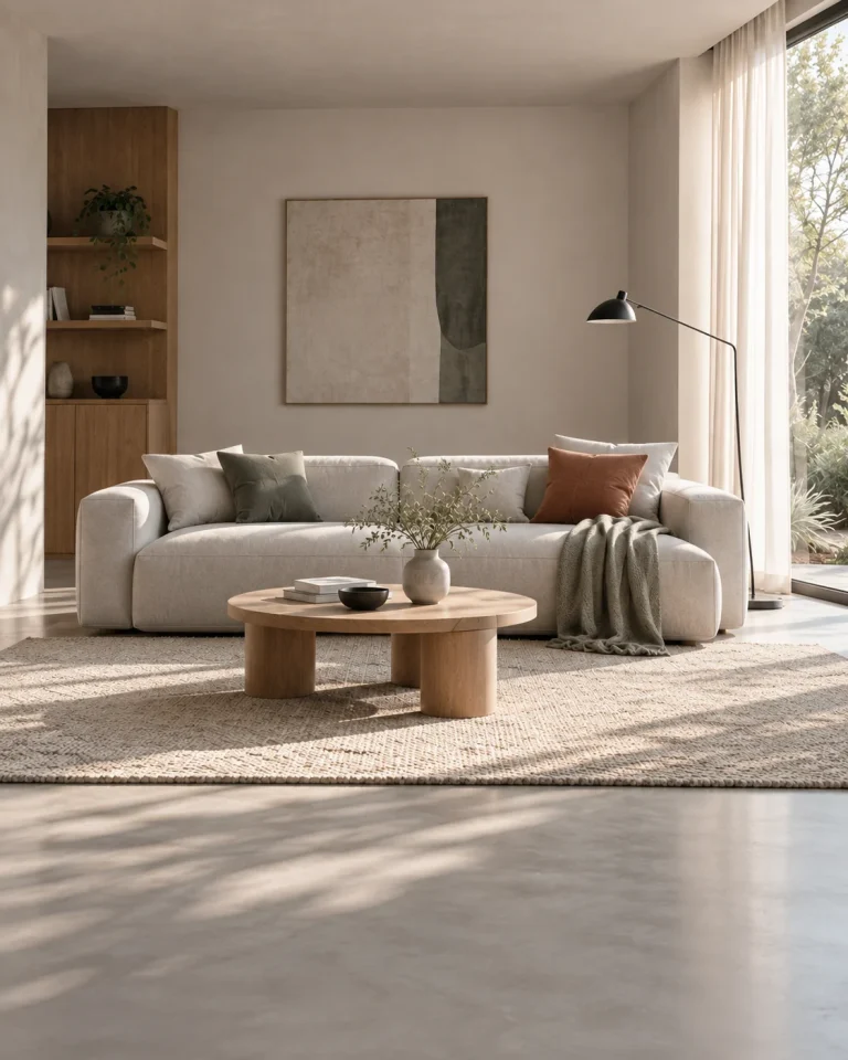 Living room with a pale sofa and rounded oak coffee table