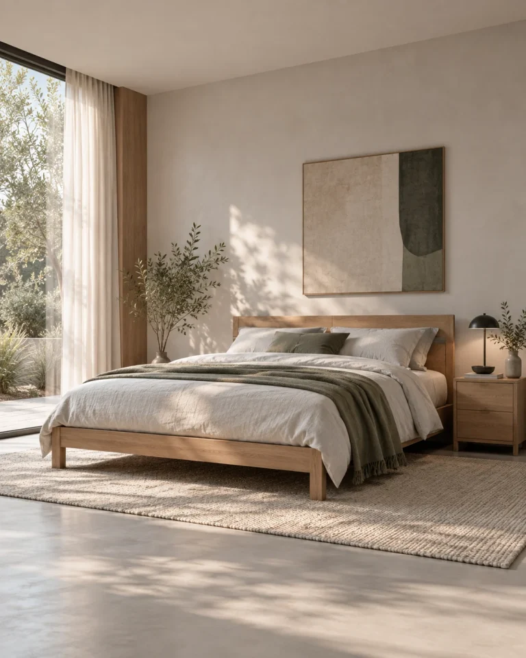 Bedroom with a low wooden bed and layered neutral bedding