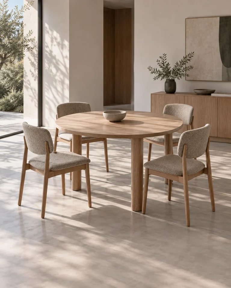 Dining room with a round oak table and upholstered chairs