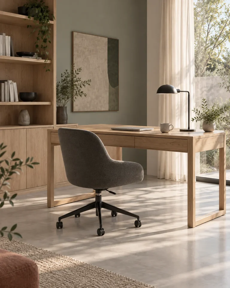 Home office with a wooden desk and upholstered task chair