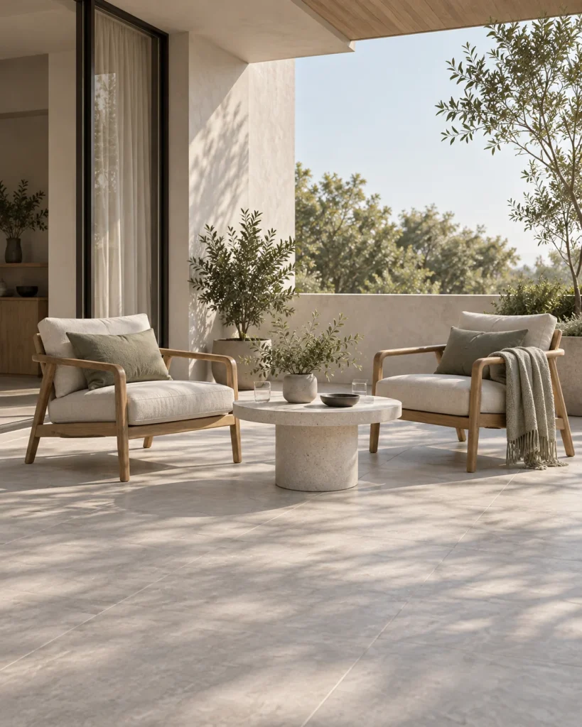 Outdoor lounge seating around a low table on a sheltered terrace