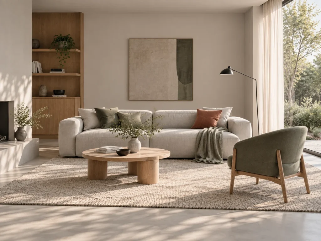 Living room arrangement with a sofa, coffee table and green lounge chair