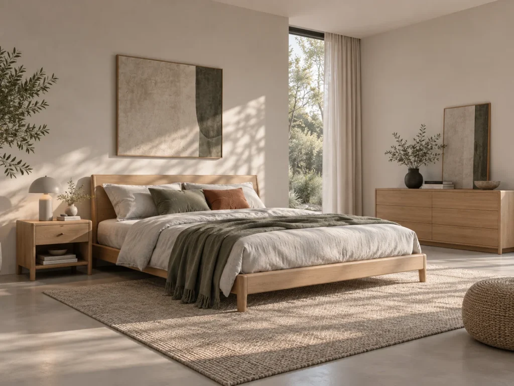 Bedroom arrangement with a low bed, bedside tables and soft rug