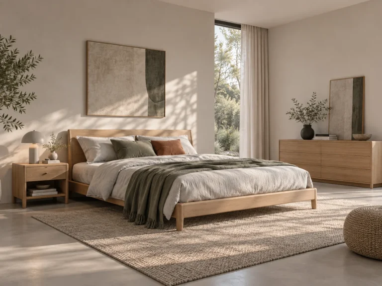 Bedroom arrangement with a low bed, bedside tables and soft rug