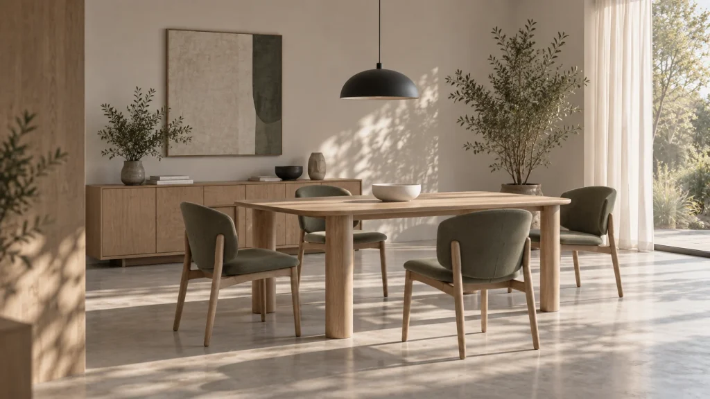 Dining table and chairs with clear circulation around the room