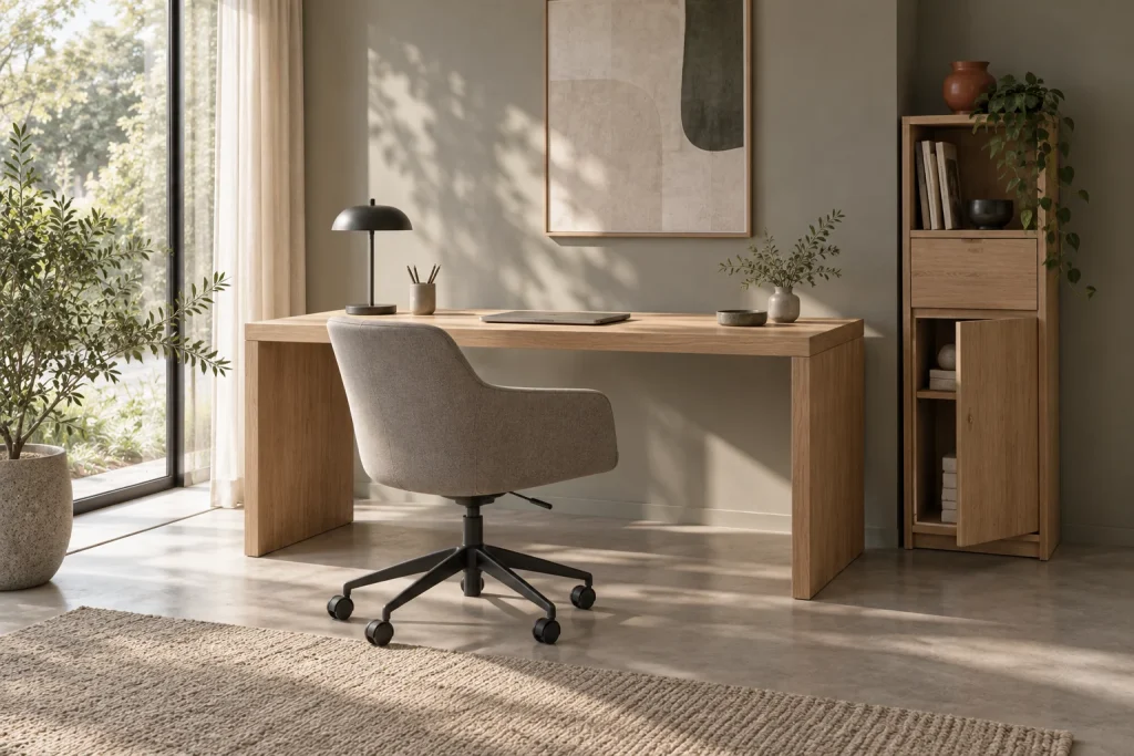 Compact workspace with an oak desk, chair and open shelving