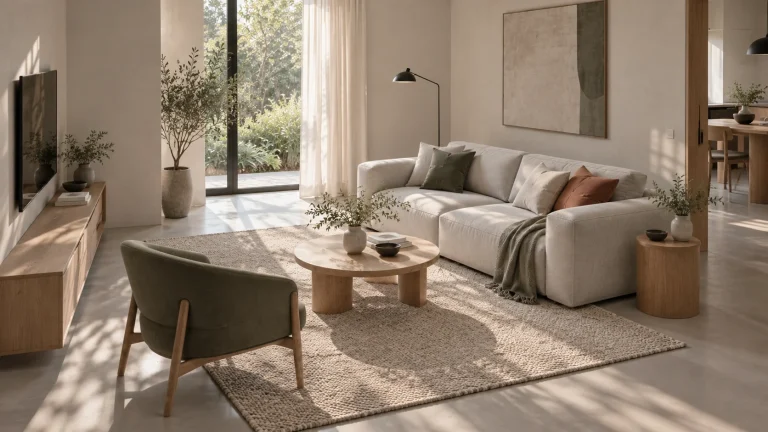 Living room showing the scale and spacing of a sofa, table and chair