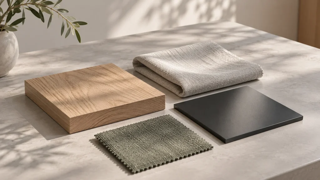 Oak, textile and dark metal material samples in natural light