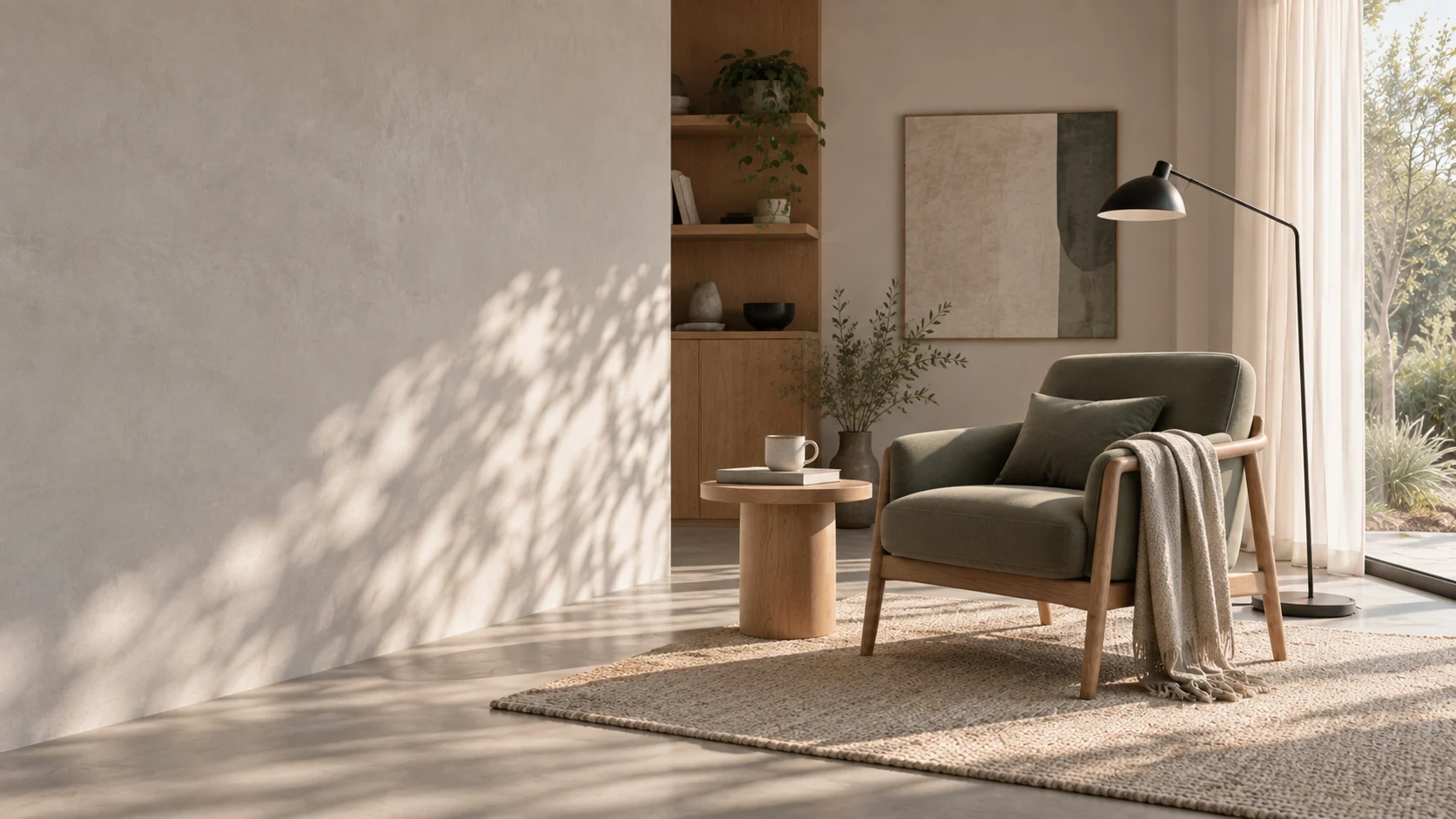 Green lounge chair and wooden side table in a quiet sunlit room