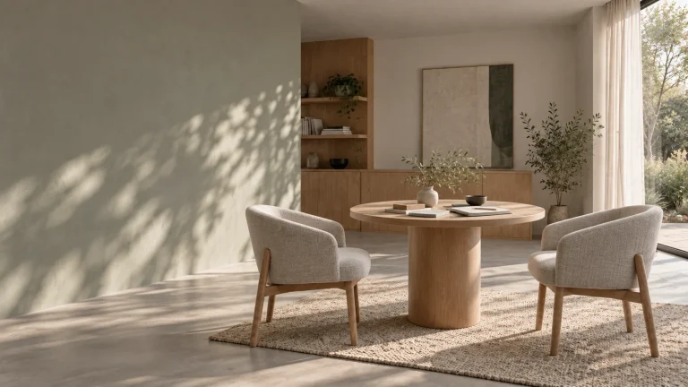 Round dining table and upholstered chairs beside a sunlit window