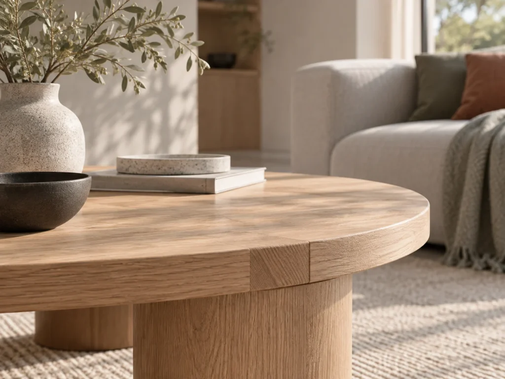 Close view of oak grain and the rounded edge of a wooden table