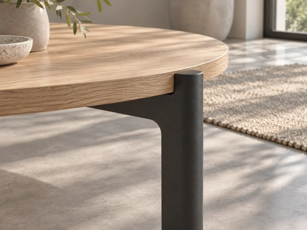 Dark metal table leg beneath a rounded oak tabletop