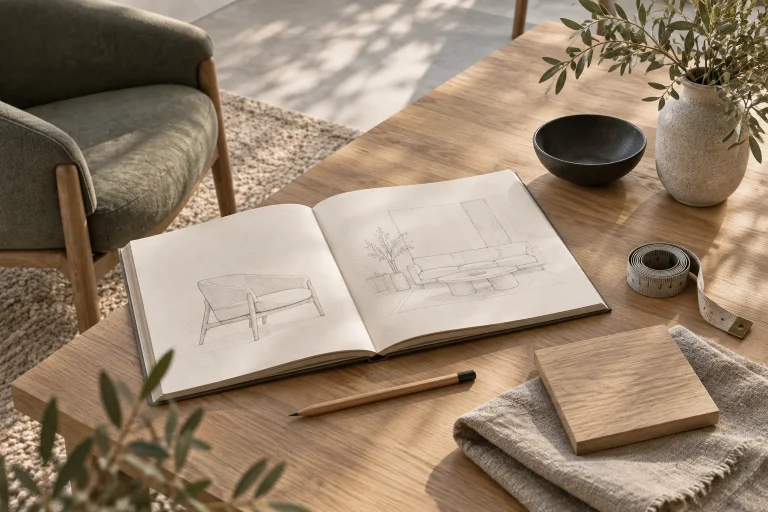 Open furniture sketchbook with material samples and ceramics