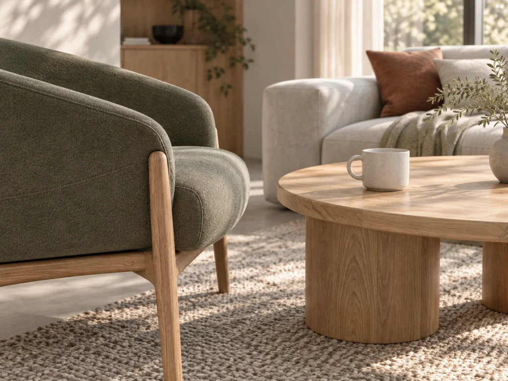 Green upholstered chair and oak coffee table with a ceramic cup
